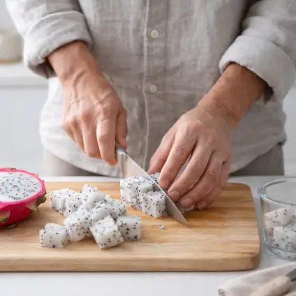 穿無印風格衣服男人切紅龍果